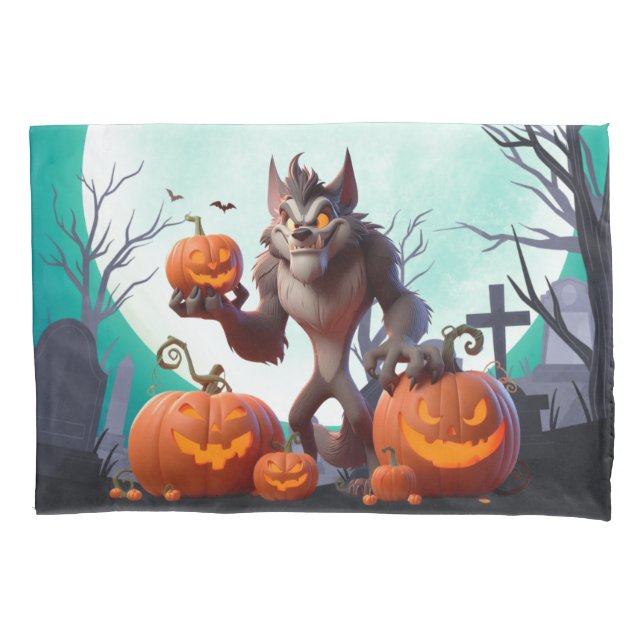 Halloween werewolf and pumpkins pillowcase (Front)