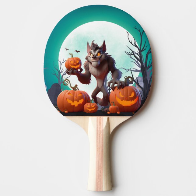 Halloween werewolf and pumpkins ping pong paddle (Front)