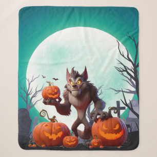 Halloween werewolf and pumpkins sherpa blanket