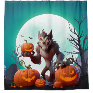 Halloween werewolf and pumpkins shower curtain