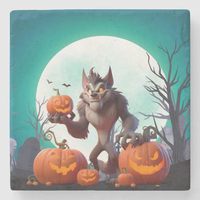 Halloween werewolf and pumpkins stone coaster (Front)