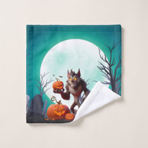 Halloween werewolf and pumpkins wash cloth