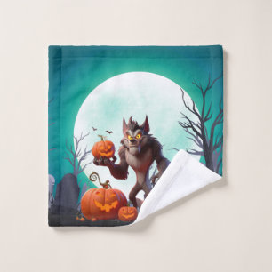 Halloween werewolf and pumpkins wash cloth