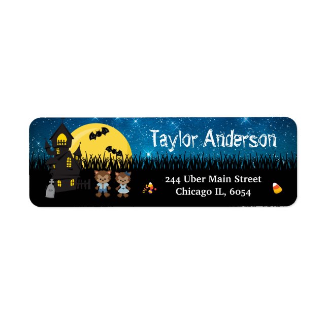 Halloween Werewolf Haunted House Blue Return Address Label (Front)