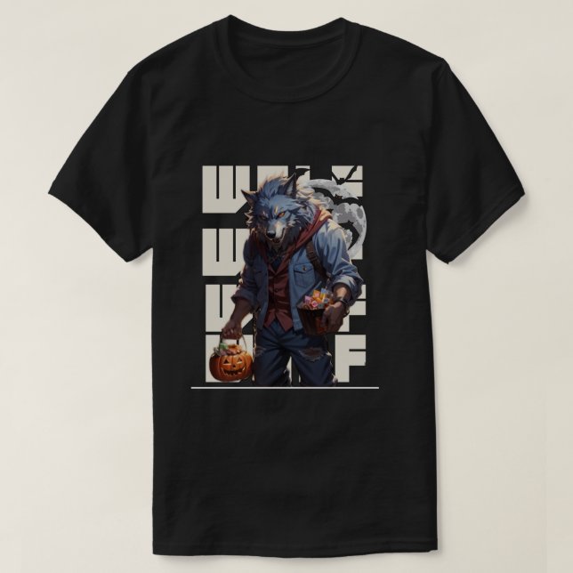 Halloween werewolf holding pumpkin with candy T-Shirt (Design Front)