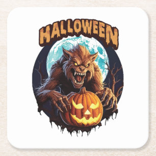 Halloween Werewolf Square Paper Coaster
