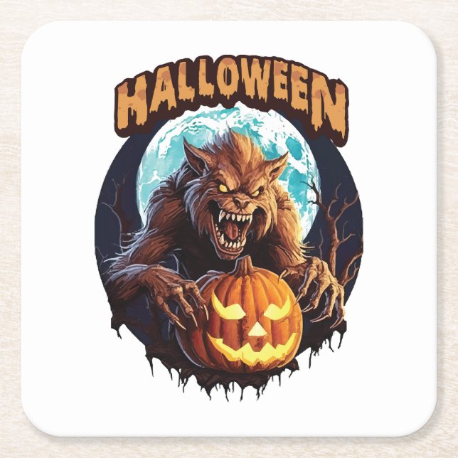Halloween Werewolf Square Paper Coaster (Front)