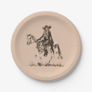 Halloween Western Cowgirl Skeleton Horse Paper Plate