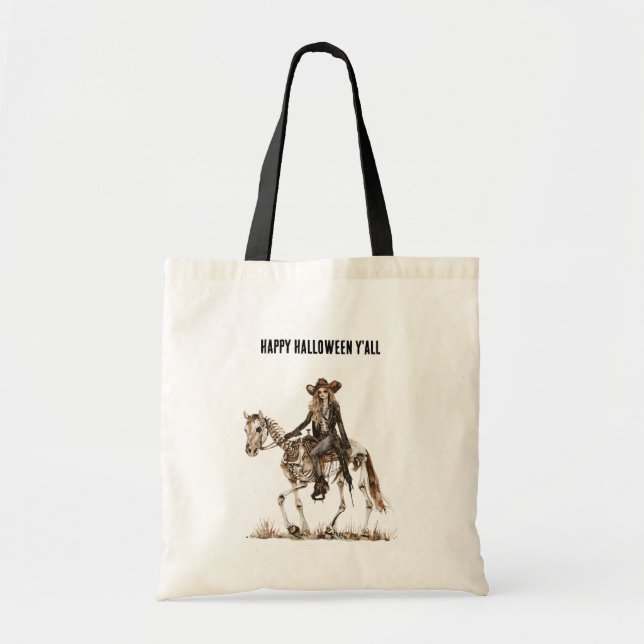 Halloween Western Cowgirl Skeleton Horse Tote Bag (Front)