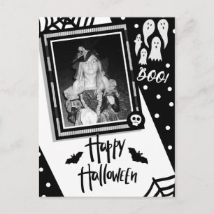 Halloween Whimsical Black & White Skull Photo Postcard