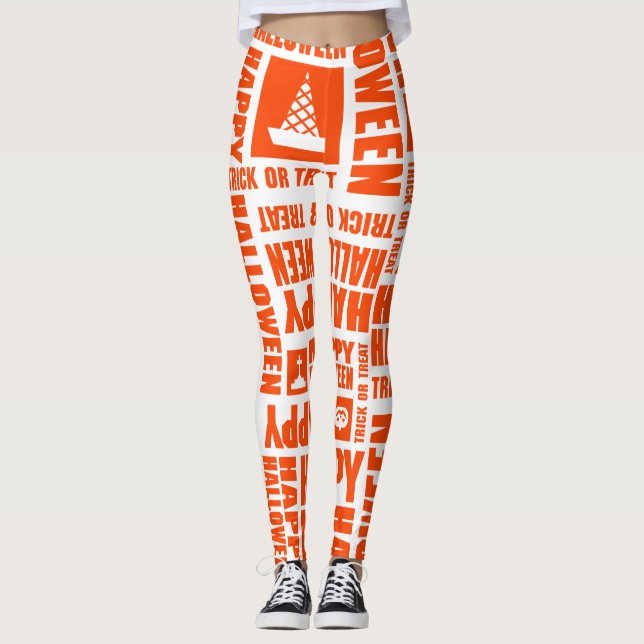 Halloween Whimsical Cool Typograph Orange Pattern Leggings (Front)