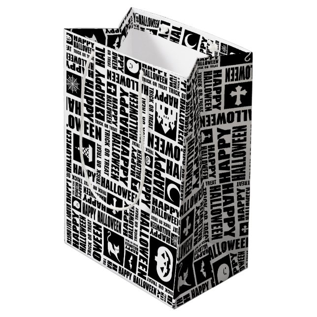 Halloween Whimsical Cool Typography Pattern Black Medium Gift Bag (Back Angled)