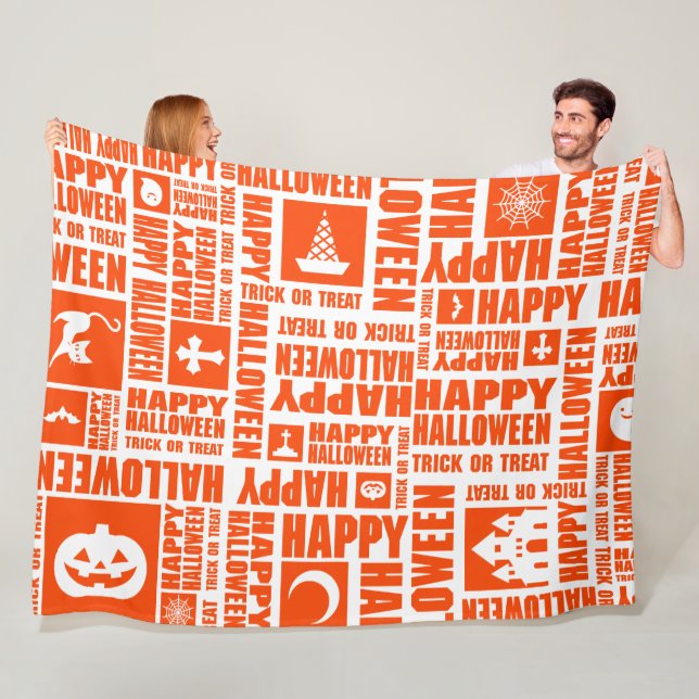 Halloween Whimsical Cool Typography Pattern Orange Fleece Blanket (In Situ)