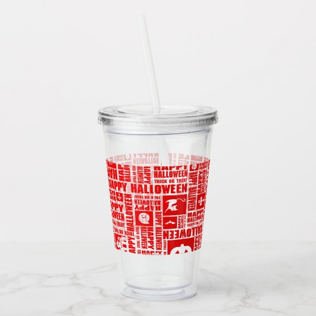 Halloween Whimsical Cool Typography Pattern Red Acrylic Tumbler (Left)