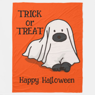 Halloween Whimsical Cute Ghost Dog Orange Fleece Blanket