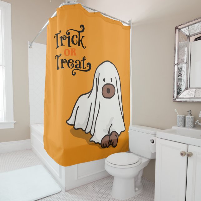  Halloween Whimsical Cute Ghost Dog Orange Shower Curtain (In Situ)