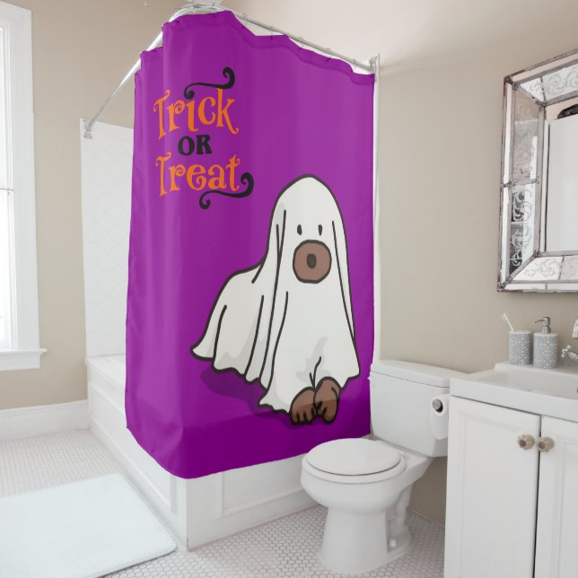  Halloween Whimsical Cute Ghost Dog Purple  Shower Curtain (In Situ)