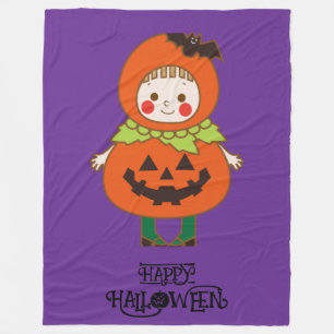 Halloween Whimsical Cute Pumpkin Girl Purple  Fleece Blanket