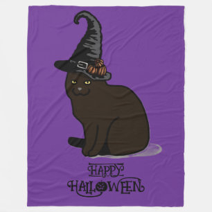 Halloween Whimsical Cute Witch Cat Purple Fleece Blanket