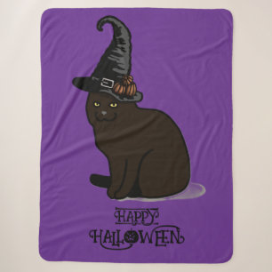 Halloween Whimsical Cute Witch Cat Purple Sherpa Blanket
