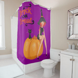 Halloween Whimsical Cute Witch Pumpkin Purple Shower Curtain