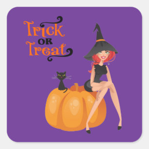 Halloween Whimsical Cute Witch Pumpkin Purple Square Sticker