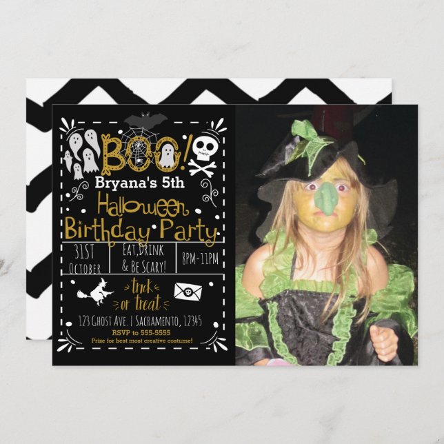 Halloween Whimsical Modern Birthday Party Photo Invitation (Front/Back)