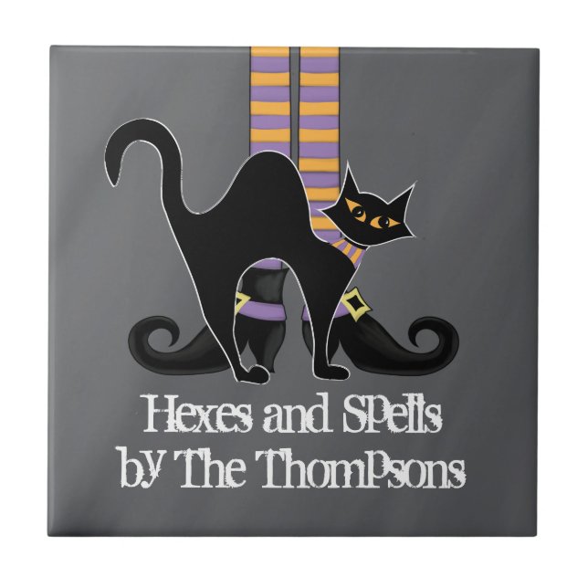 Halloween Whimsical Simple Witch Shoes Black Cat Ceramic Tile (Front)