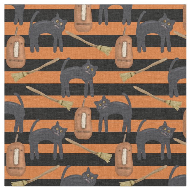 Halloween Whimsical Stripes, Cats, Pumpkins Fabric (Close Up)