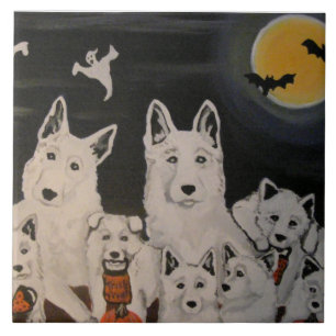 Halloween White Dog Family Ceramic Tile