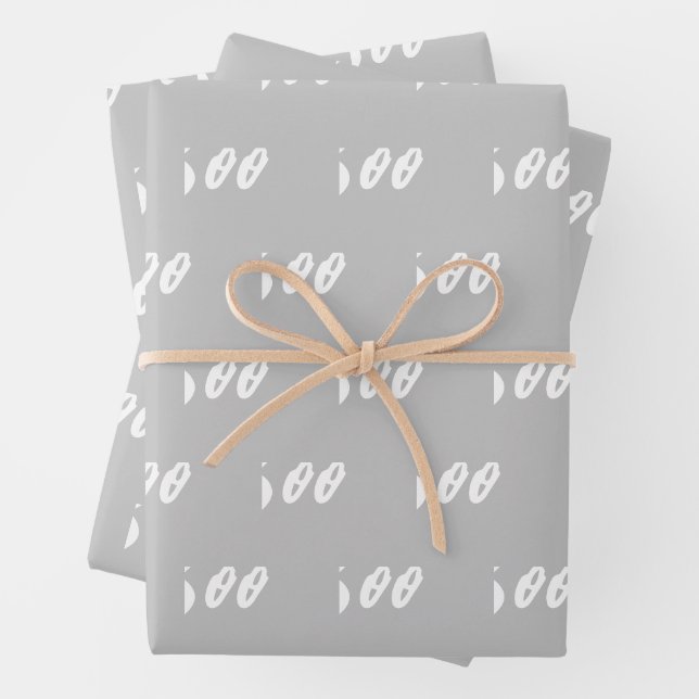 Halloween white grey boo text pattern wrapping paper sheet (In situ)