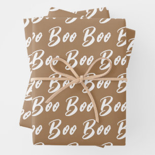 Halloween white light brown boo text pattern wrapping paper sheet