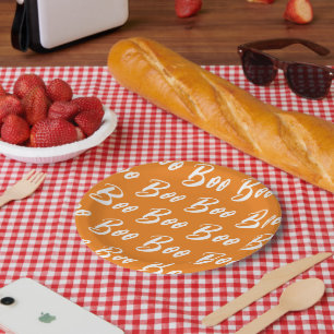 Halloween white orange boo text pattern paper plate