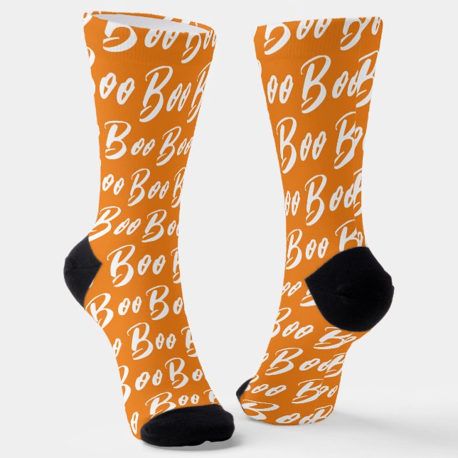 Halloween white orange boo text pattern socks (Angled)