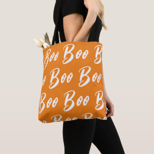 Halloween white orange boo text pattern tote bag