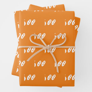 Halloween white orange boo text pattern wrapping paper sheet