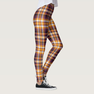 Halloween White, Orange & Purple Plaid Pattern Leggings