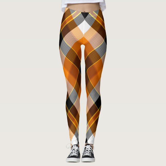 Halloween White, Orange, Yellow & Black Plaid Leggings (Front)