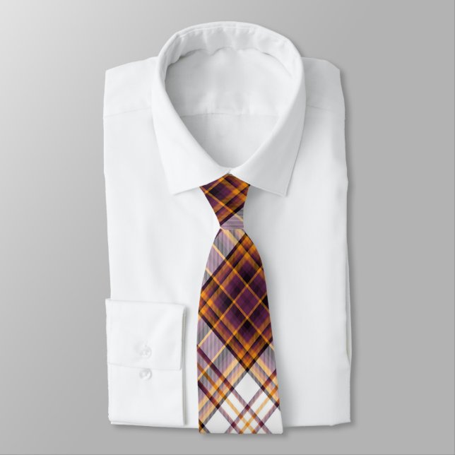 Halloween White, Purple & Orange Plaid Pattern Tie (Tied)
