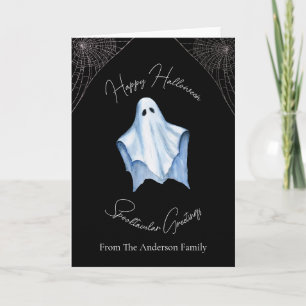 Halloween White Sheet Ghost & Cobwebs Gothic Black Holiday Card