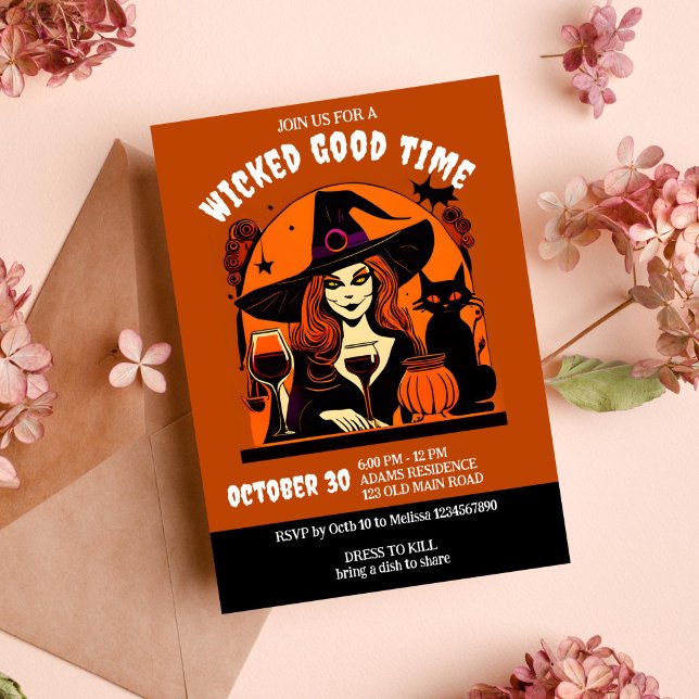 Halloween wicked good time witch and wine adults invitation (Halloween wicked good time witch and wine party template invitation instant download groovy retro)