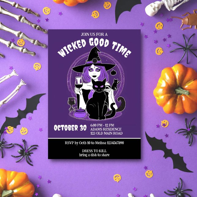 Halloween wicked good time witch and wine adults invitation (Wicked good time adults Halloween party template invitation digital download chic young witch wine )