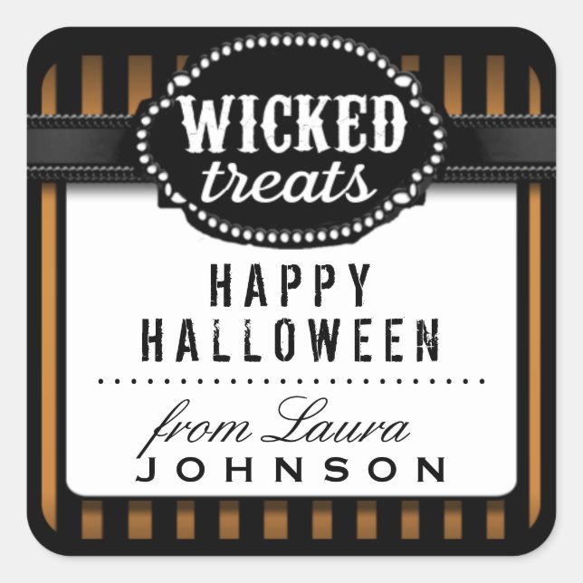 Halloween Wicked Treats Orange & Black Striped Square Sticker (Front)