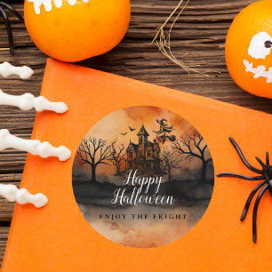 Halloween Wicked Witch Orange Black Haunted House Classic Round Sticker