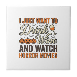 Halloween Wine Horror Movies Vintage Shirt Design_ Ceramic Tile