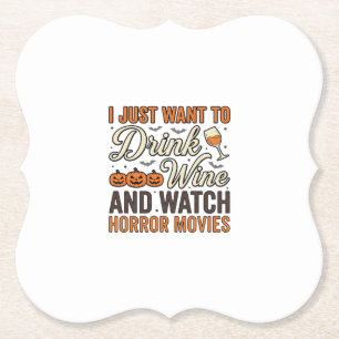 Halloween Wine Horror Movies Vintage Shirt Design_ Paper Coaster