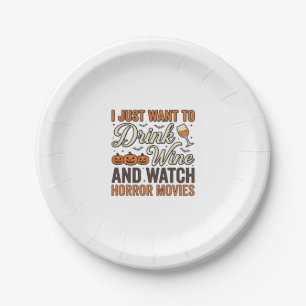 Halloween Wine Horror Movies Vintage Shirt Design_ Paper Plate