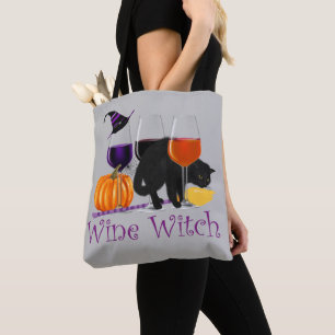 Halloween Wine Witch Black Cat Tote Bag