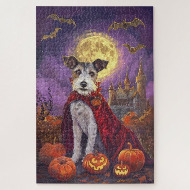 Halloween Wirefox Terrier Vampire Pumpkins Scary Jigsaw Puzzle (Vertical)