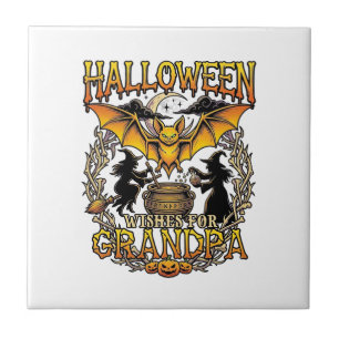 Halloween Wishes Grandpa Bat Witches Cauldron_1 Ceramic Tile